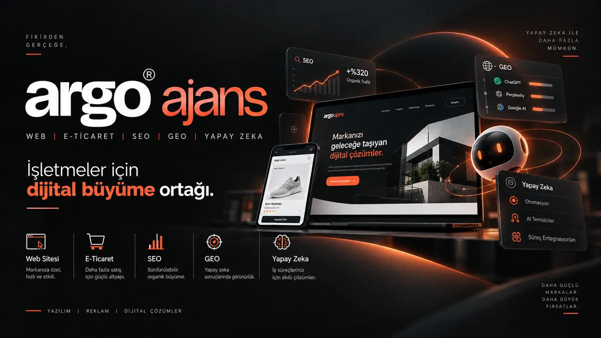 Argo Ajans service summary poster: web, e-commerce, SEO, GEO and AI