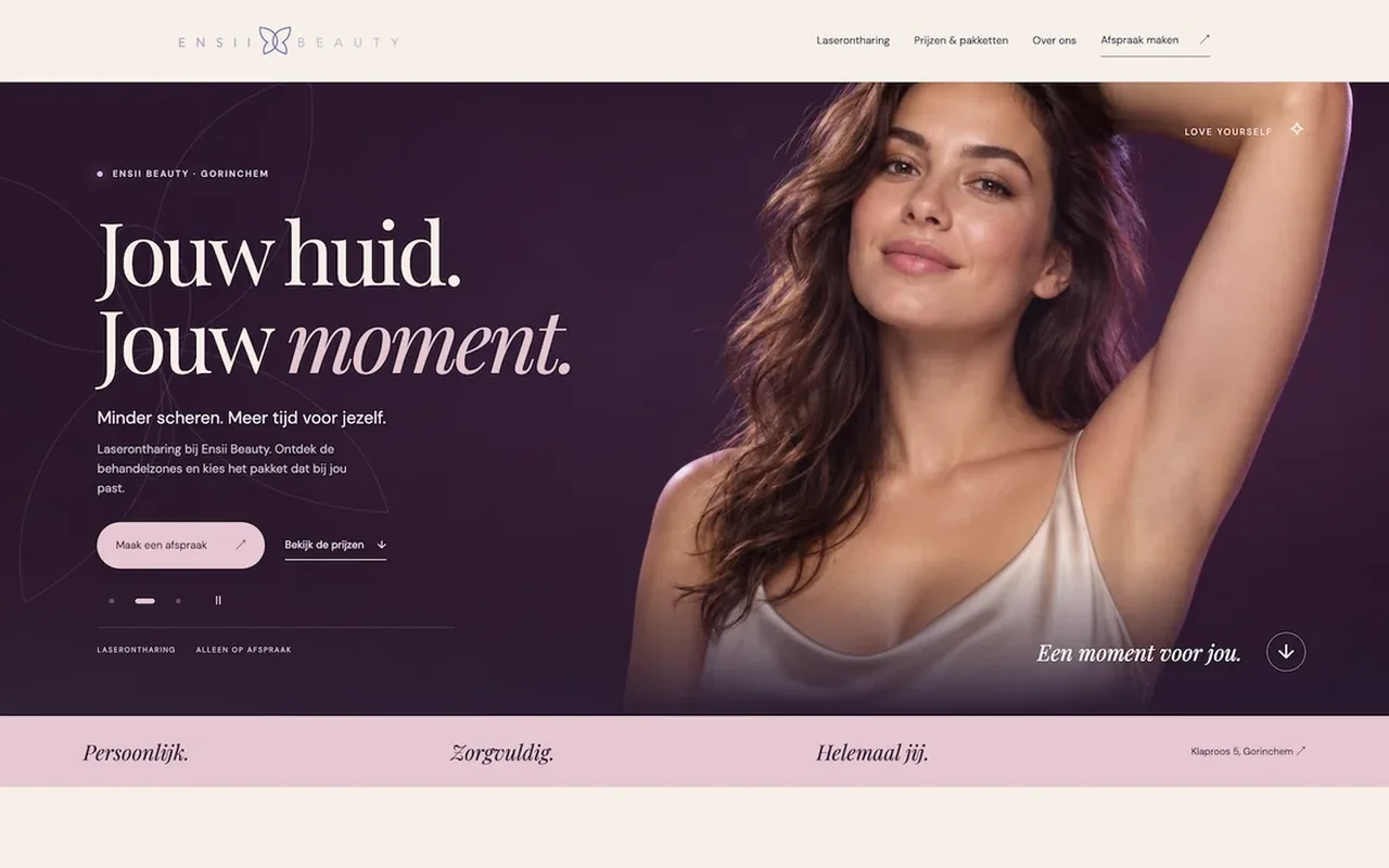 Ensi Beauty’nin Hollanda’daki güzellik merkezi için tasarlanan yeni web sitesinin ekran görüntüsü