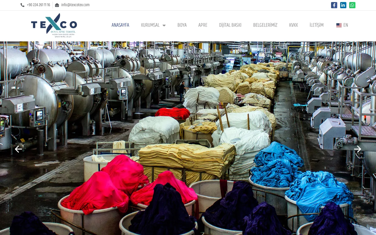 Argo Ajans tarafından hazırlanan Texco Textile web sitesi — Bursa’daki boya ve apre üreticisi için kurumsal site